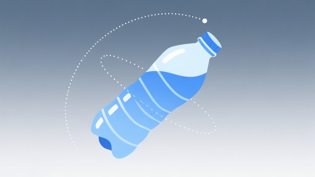 A dynamic, minimalist illustration of a water bottle in mid-flip against a soft gradient background, with dotted lines tracing its parabolic arc and center of mass, in a calm blue and grey color scheme high quality illustration, detailed, 16:9