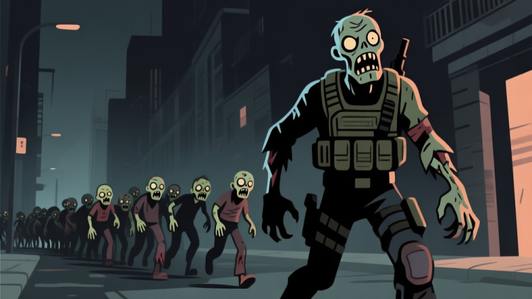 自动生成图片: A stylized, menacing video game zombie with a horde of smaller zombies following closely behind it, set in a dark urban environment. The leading zombie appears more tactical and commanding, in a flat illustrative style with muted, dark colors. high quality illustration, detailed, 16:9