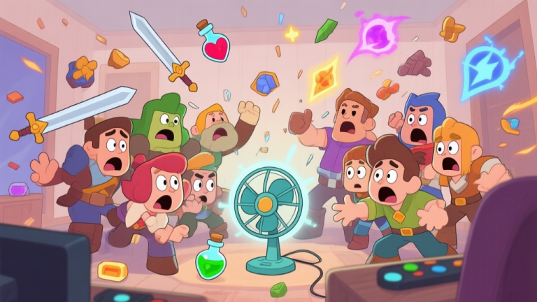 自动生成图片: A chaotic and humorous gaming scene in a cartoon style, showing a team of diverse game characters looking panicked as various game items like health potions, swords, and spell effects fly wildly around the room, with a large fan in the center. Soft, muted color palette. high quality illustration, detailed, 16:9