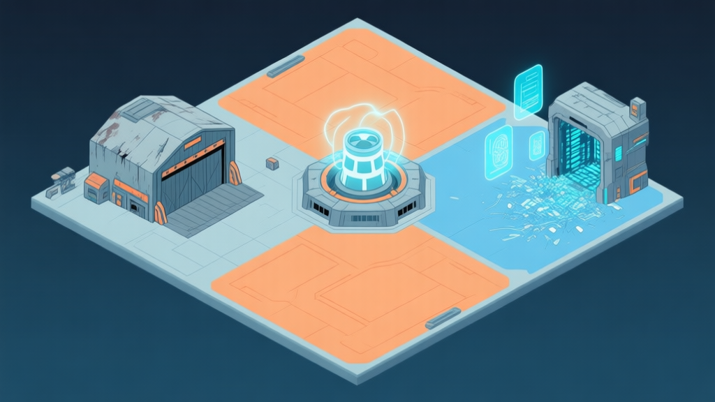 Isometric map illustration of a sci-fi sector divided into three distinct zones: a derelict hangar, a central reactor core with pulsating energy, and a chaotic data vault with floating holograms, soft blue and orange color scheme, clean lines high quality illustration, detailed, 16:9