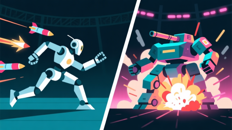 自动生成图片: A dynamic but clean split-screen illustration showing a sleek, agile mech bot on one side dodging missiles, and a heavy, tanky mech bot on the other side weathering an explosion. Soft neon glow on a dark arena background, flat design style with geometric shapes high quality illustration, detailed, 16:9