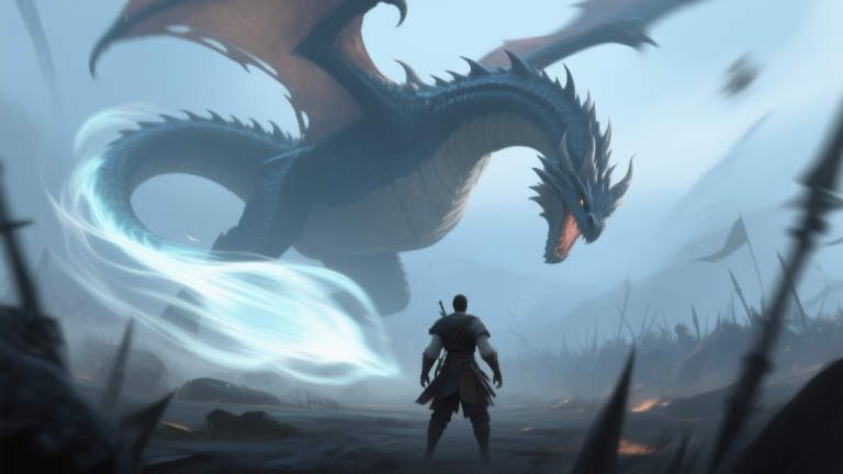 自动生成图片: A dynamic game scene from a third-person perspective, showing a large dragon-like boss mid-turn, its tail glowing with a subtle wind or motion blur effect, about to sweep across the battlefield. The player character, seen from behind, is positioned in the danger zone. The art style is semi-realistic with soft lighting and a muted color palette focusing on blues and greys. high quality illustration, detailed, 16:9