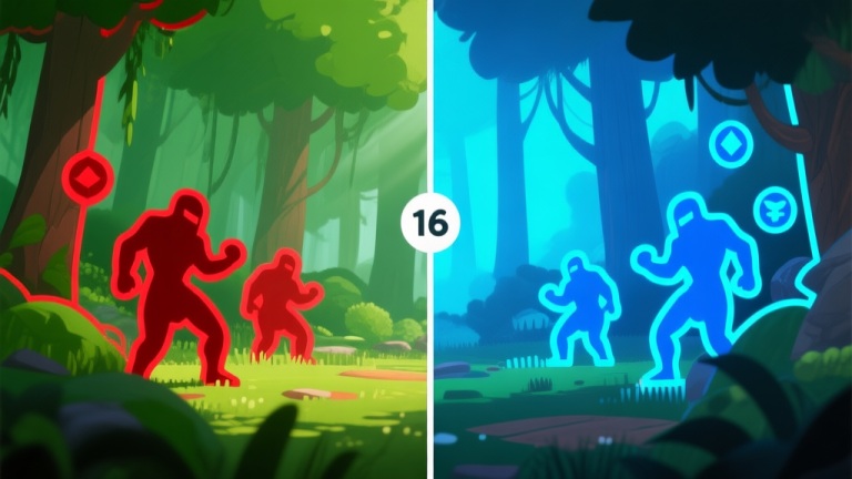 自动生成图片: A split-screen comparison of a game scene: left side shows standard colors with red enemy outlines blending into a green forest, right side shows a colourblind-adjusted version with high-contrast blue outlines and distinct symbol markers, soft natural lighting high quality illustration, detailed, 16:9
