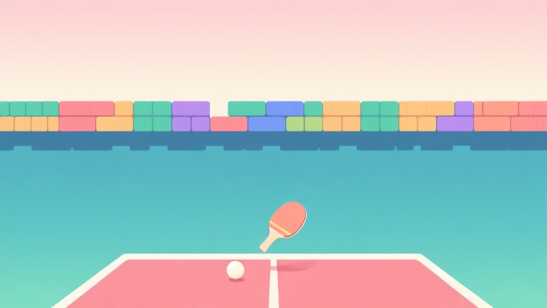 自动生成图片: A stylized, minimalist illustration of a video game screen showing a paddle at the bottom, a ball in motion, and rows of colorful bricks at the top, using a soft pastel color palette with gentle gradients high quality illustration, detailed, 16:9