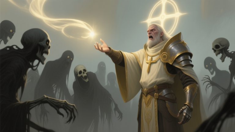 自动生成图片: A frustrated fantasy cleric character in soft-lit armor, casting a holy spell that emits faint light towards a group of shadowy undead figures, but the monsters remain unaffected, muted color palette with highlights of gold and grey high quality illustration, detailed, 16:9