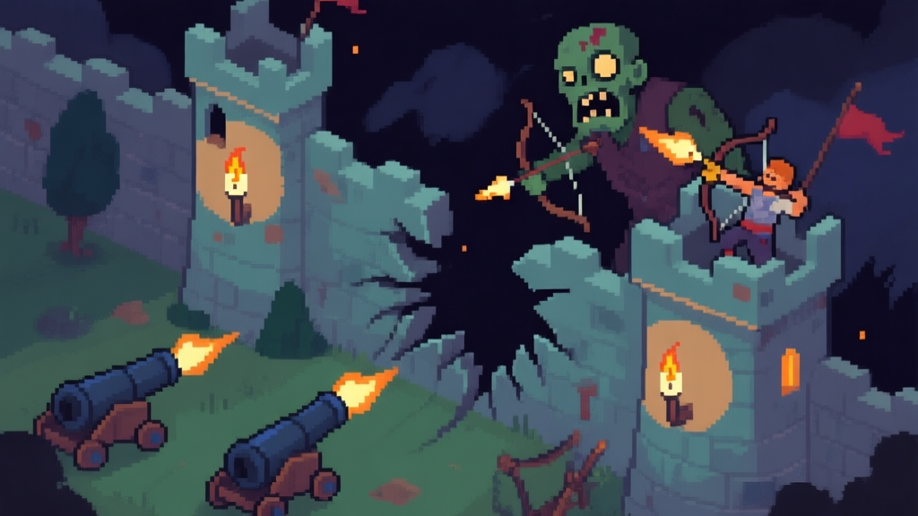 A top-down view of a pixel-art castle under siege at night, showing a breach in the wall with a giant zombie, while archers and cannons fire from towers, soft glow from torches, muted color palette high quality illustration, detailed, 16:9