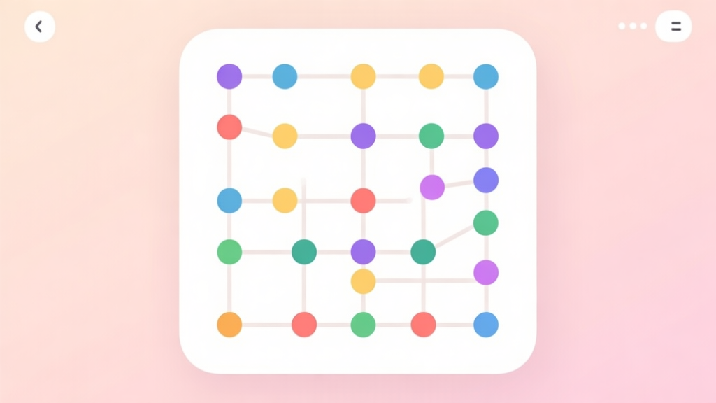 A minimalist, clean game interface showing a grid of colorful dots connected by lines, soft pastel background, flat design style, conveying a sense of organized puzzle-solving high quality illustration, detailed, 16:9