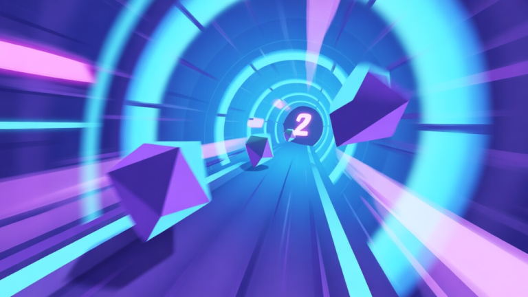 自动生成图片: A stylized, first-person perspective view inside a neon-lit tunnel from Tunnel Rush 2, with geometric obstacles rushing towards the viewer, conveying a sense of speed and focus, in a soft color palette of blues and purples high quality illustration, detailed, 16:9