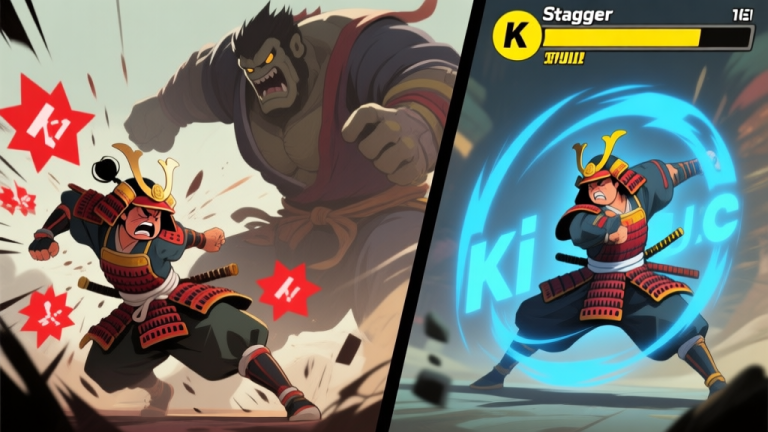 自动生成图片: A dynamic split-screen illustration. Left side: a frustrated Samurai character being knocked back by a giant boss's attack, with red 'damage' indicators. Right side: the same Samurai perfectly dodging, with a blue 'Ki Pulse' aura around them and a yellow 'Stagger' meter above the boss nearly full. Muted colors, action-game aesthetic. high quality illustration, detailed, 16:9