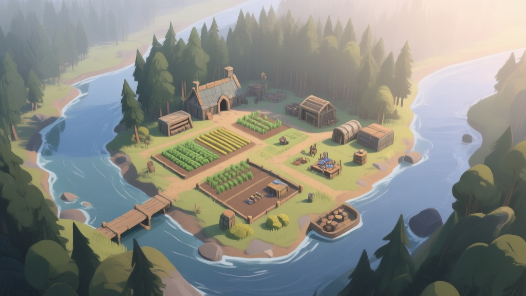 A serene but strategic top-down view of a survival game base nestled between a forest and a river, with clear zones for farming, storage, and crafting, soft morning light, painted in a muted color palette high quality illustration, detailed, 16:9