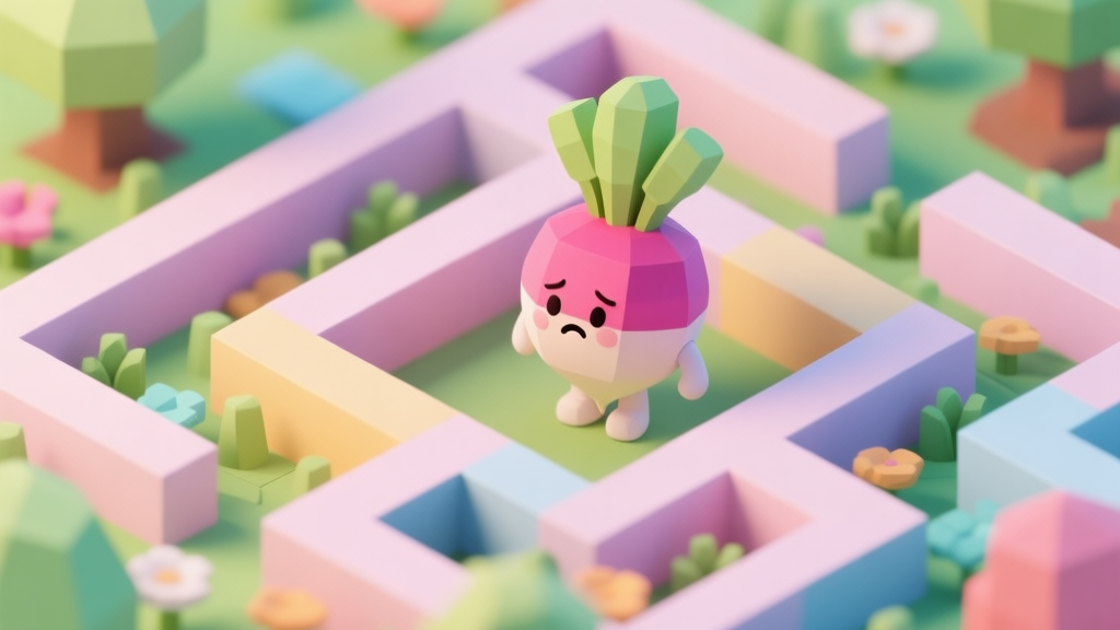 A cute 3D radish character looking confused in a colorful, maze-like garden level, soft pastel colors, low-poly art style, isometric view high quality illustration, detailed, 16:9