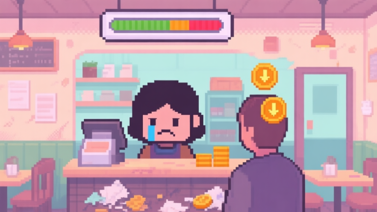 自动生成图片: A cozy, slightly messy pixel-art cafe interior with a sad-faced avatar behind the counter, a low happiness meter above a customer's head, and coins with a downward arrow, soft pastel color palette high quality illustration, detailed, 16:9