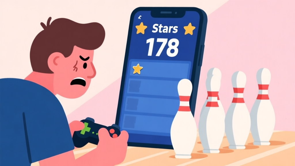 A frustrated mobile gamer looking at a Bowling Stars score of 178, with pins left standing, soft pastel background, flat illustration style high quality illustration, detailed, 16:9