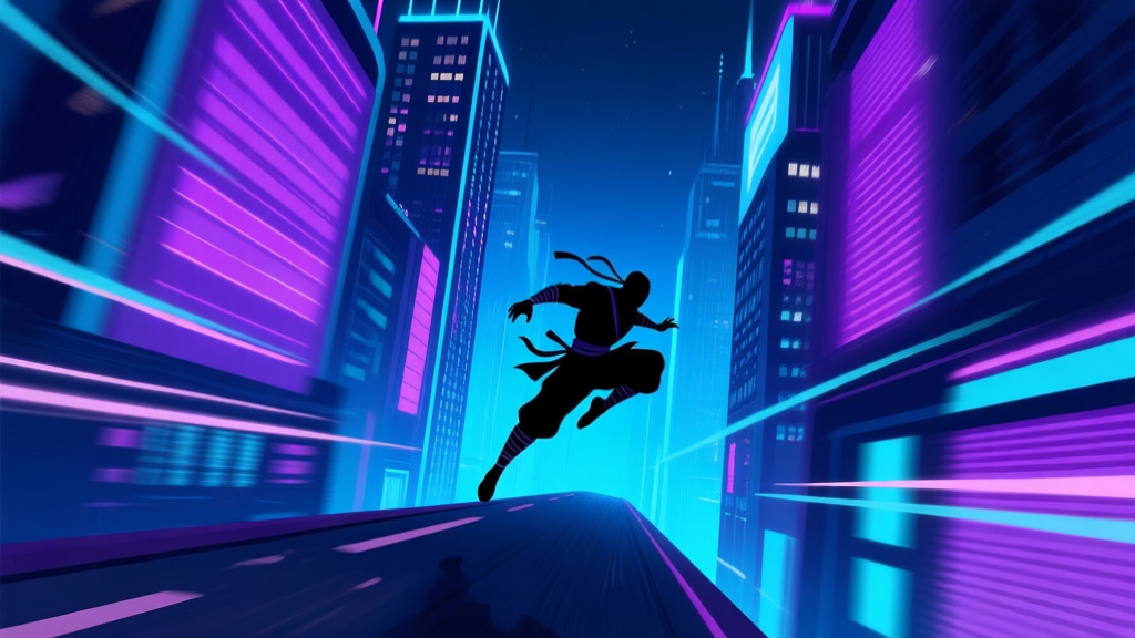 A dynamic side-scrolling view of a cyberpunk city at night, a silhouette of a ninja character mid-air between two neon-lit skyscrapers, with motion blur lines emphasizing speed, in a cool blue and purple color palette high quality illustration, detailed, 16:9