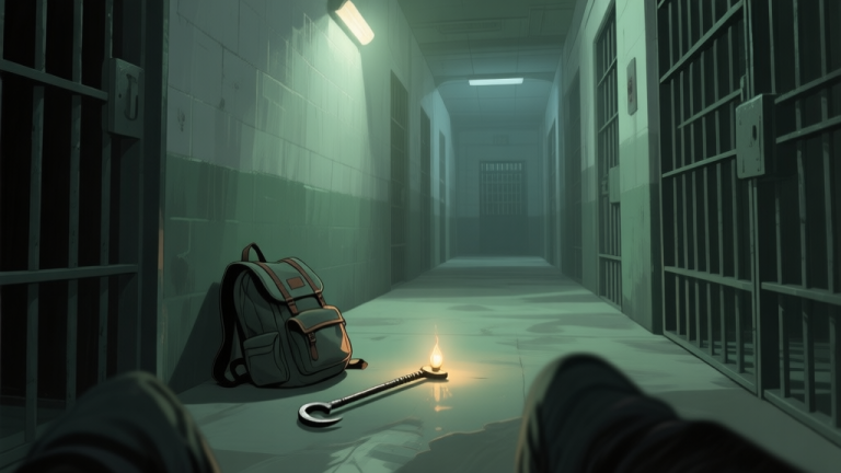 自动生成图片: A dimly lit prison corridor with a single flickering light, a backpack and a crowbar on the floor, seen from a first-person perspective, soft shadows, muted green and grey color palette, atmospheric and slightly tense high quality illustration, detailed, 16:9
