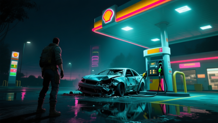 自动生成图片: A dramatic video game scene at a gas station at night, cyberpunk aesthetic, neon lights reflecting on wet asphalt, a damaged car being refueled while a player character watches the horizon cautiously, low angle shot, high contrast high quality illustration, detailed, 16:9