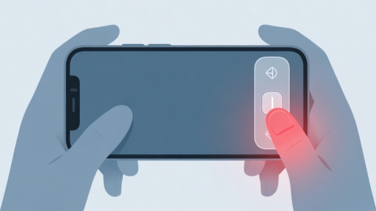 自动生成图片: A top-down view of a smartphone held in two hands, with translucent button overlays showing common right-side jump button placement, highlighting potential strain on the right thumb with a soft red glow, minimalist style, soft blue and grey color palette high quality illustration, detailed, 16:9
