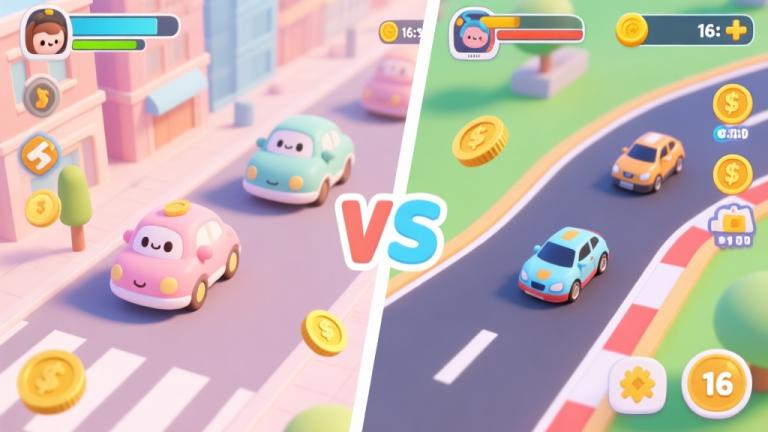 自动生成图片: A vibrant split-screen comparison of two top-down mobile racing games. Left side shows cute cartoon cars in a city, right side shows more realistic mini cars on a track, with icons representing gameplay elements like coins, customization parts, and timers floating between them. Soft pastel color scheme. high quality illustration, detailed, 16:9
