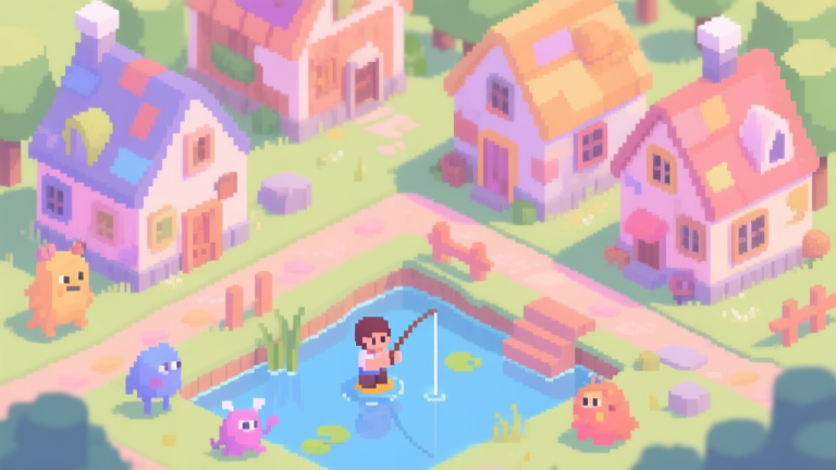 自动生成图片: A vibrant, cozy isometric view of a pixel art village with mismatched buildings, a character fishing in a pond, and quirky creatures, soft pastel color palette, inviting and slightly whimsical atmosphere high quality illustration, detailed, 16:9