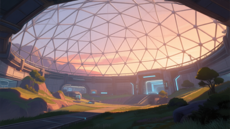 自动生成图片: A vast, open geodesic dome structure in a game environment, with a mix of natural terrain and high-tech elements inside, soft sunset lighting casting long shadows, viewed from a low angle to emphasize scale high quality illustration, detailed, 16:9