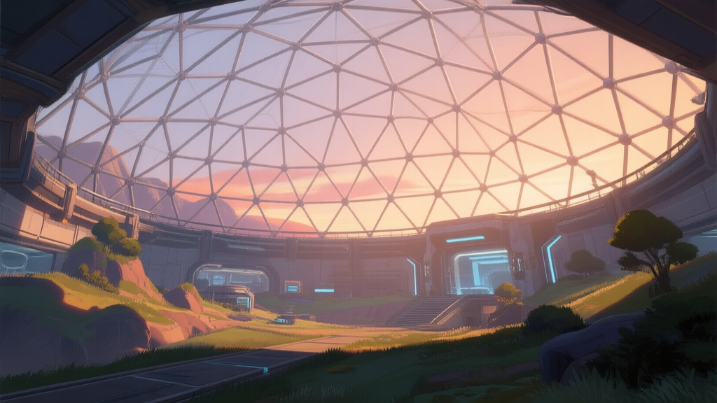 A vast, open geodesic dome structure in a game environment, with a mix of natural terrain and high-tech elements inside, soft sunset lighting casting long shadows, viewed from a low angle to emphasize scale high quality illustration, detailed, 16:9