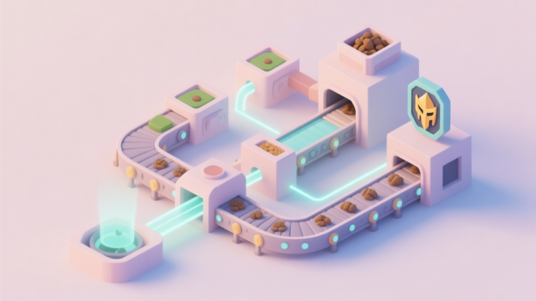 自动生成图片: A minimalist, isometric diagram of a game conveyor system in soft pastel colors, showing resources flowing from a source through various processing modules into a final warrior icon, with subtle glowing connection lines high quality illustration, detailed, 16:9