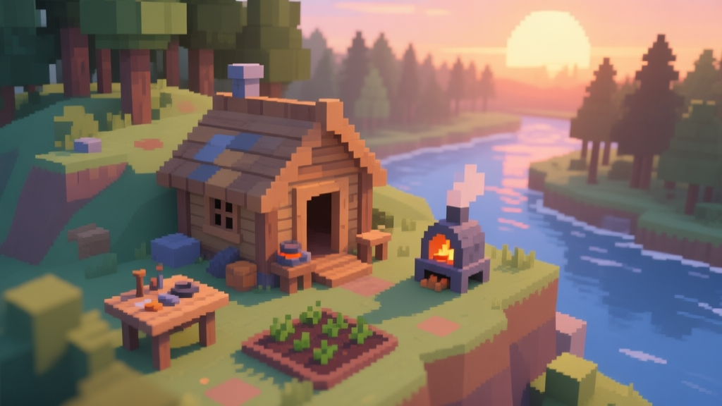 A serene yet strategic isometric view of a beginner's base in a blocky pixel world. A small, well-built wooden shelter sits on a hill overlooking a forest and river during sunset. A crafting table and furnace are visible outside, with a small garden nearby. Soft, warm pixel art style with a calm color palette. high quality illustration, detailed, 16:9