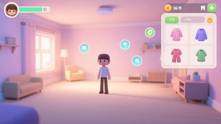 自动生成图片: A cozy, softly lit virtual room in a life simulation game, showing a simple avatar standing in an empty space with a few basic furniture items and clothing options floating in a UI panel, pastel color palette high quality illustration, detailed, 16:9