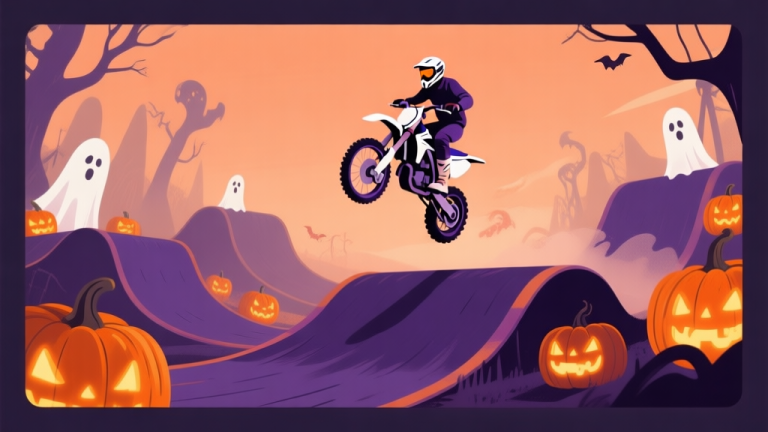 自动生成图片: A spooky Halloween-themed motocross track with glowing pumpkins, ghost obstacles, and a rider mid-air on a bike, muted orange and purple color scheme, flat illustration style high quality illustration, detailed, 16:9