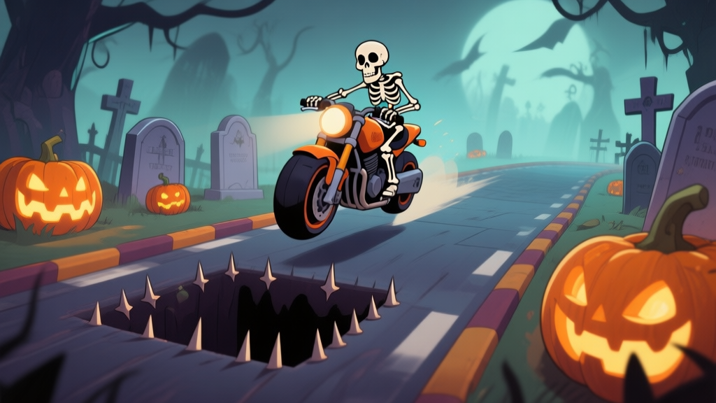 A side-scrolling view of a spooky Halloween-themed motorcycle track with a skeleton rider mid-jump over a spike pit, glowing pumpkins and tombstones in the background, cartoon game art style, soft eerie color palette high quality illustration, detailed, 16:9