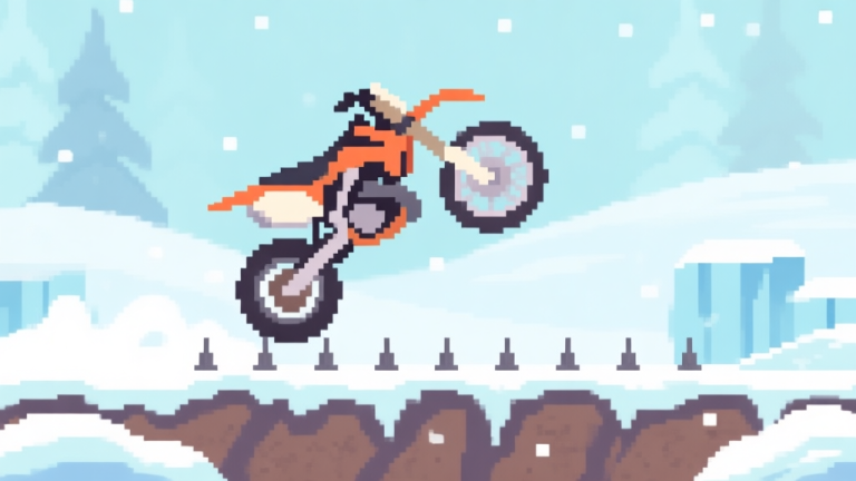 自动生成图片: A side-scrolling winter racing game scene with a pixelated dirt bike mid-backflip over a spike trap, soft pastel snow and ice colors, muted blues and whites, flat design style high quality illustration, detailed, 16:9