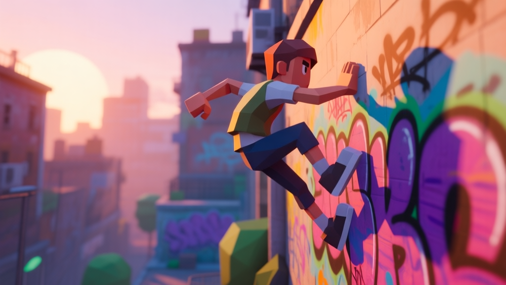 A stylized, low-poly game character in a vibrant urban environment, mid-action performing a wall run on a graffiti-covered surface, viewed from a dynamic side angle, soft sunset color palette high quality illustration, detailed, 16:9