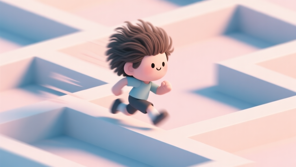 A cute, stylized character with mop-like hair mid-dash through a simple geometric obstacle course, soft pastel colors, clean lines, dynamic motion blur effect high quality illustration, detailed, 16:9