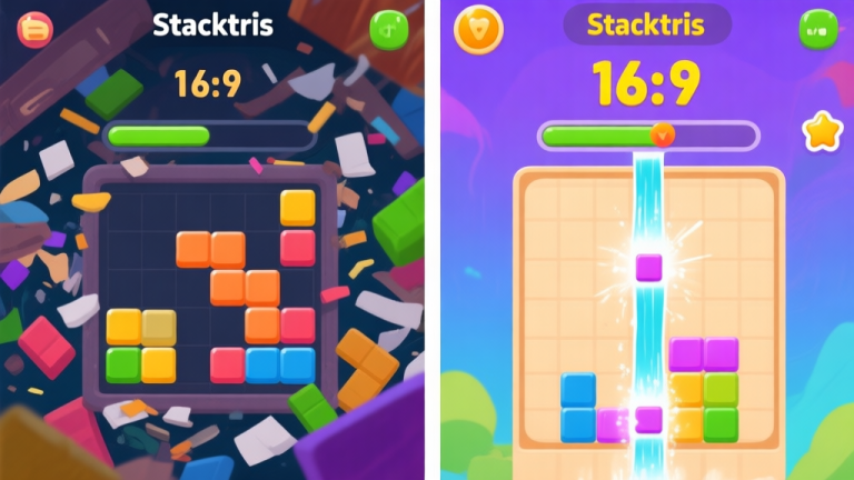 自动生成图片: Split-screen illustration showing a messy, chaotic Stacktris board on the left with a low score, and a perfectly stacked, clean board with cascading combo animations on the right with a high score, in a vibrant game UI style high quality illustration, detailed, 16:9
