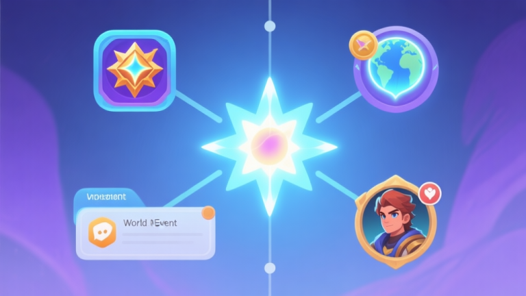 自动生成图片: A split-screen illustration showing four different game UI elements representing a skill icon, a glowing item, a world event notification, and a character portrait, all connected by a central supernova symbol, in a soft color palette of blues and purples high quality illustration, detailed, 16:9
