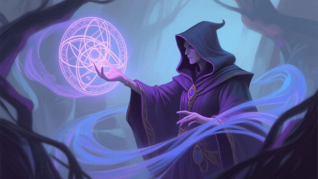 A stylized, painterly illustration of a mysterious fantasy spellcaster in a hooded cloak, casting a complex spell that warps the surrounding environment. The color palette is muted with accents of deep purple and ethereal blue, conveying a sense of control and subtle power. high quality illustration, detailed, 16:9