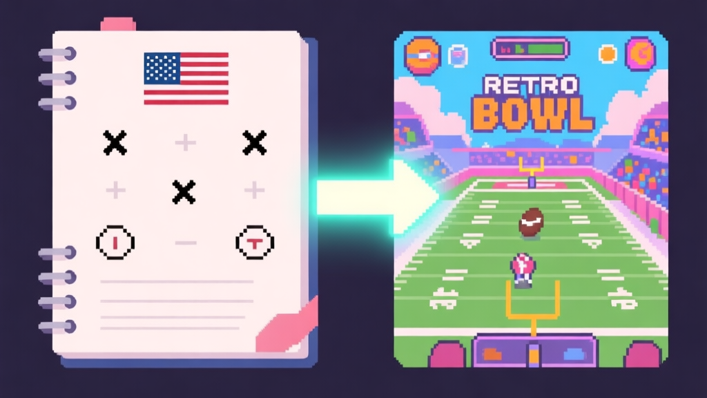 A split-screen illustration showing a minimalist American football playbook on one side with Xs and Os, and a vibrant pixel-art Retro Bowl game scene on the other, connected by a glowing arrow, soft pastel color palette high quality illustration, detailed, 16:9