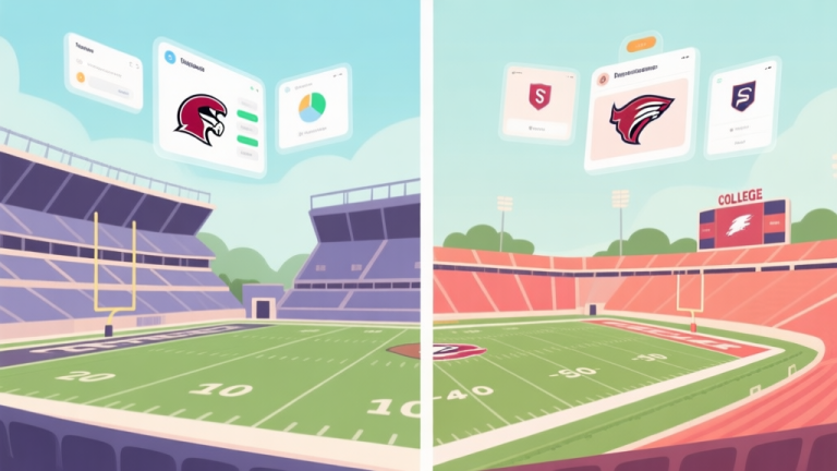自动生成图片: Split-screen illustration showing a professional football stadium on one side and a vibrant college stadium on the other, with different team management interfaces floating above each, in a flat design style with soft colors high quality illustration, detailed, 16:9