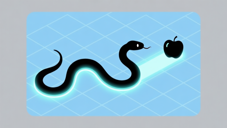 自动生成图片: A minimalist, flat design illustration of a digital snake on a grid, with a glowing path leading to an apple, against a soft blue and grey background high quality illustration, detailed, 16:9