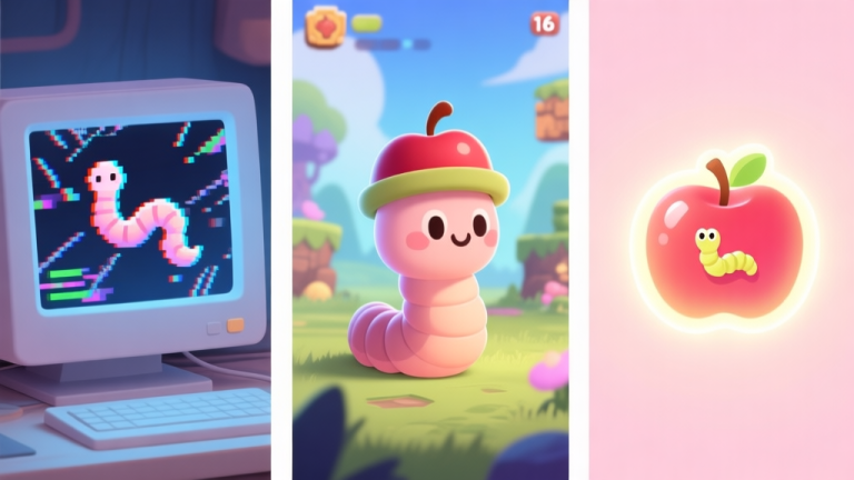 自动生成图片: A split-screen illustration showing three distinct game-related concepts: a glitchy computer screen with a worm-like pixel corruption, a cute cartoon worm character with an apple hat in a fantasy game scene, and a glowing apple item with a tiny worm icon on it, all in a soft pastel color palette high quality illustration, detailed, 16:9