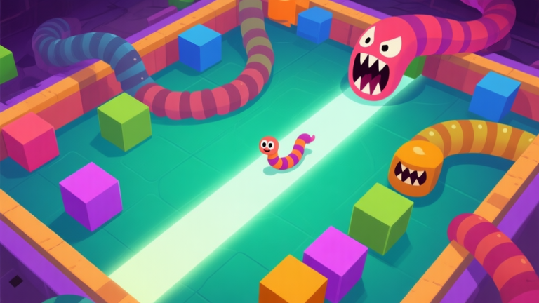 自动生成图片: A top-down view of a vibrant Texasworm.io game arena, showing a small worm navigating between colorful geometric blocks and larger, menacing rival worms, with a subtle path of light suggesting a safe route high quality illustration, detailed, 16:9