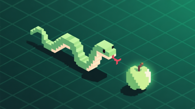 自动生成图片: A minimalist, isometric illustration of a pixelated snake on a dark green grid, chasing a simple apple. The style is clean, retro with a soft glow, evoking nostalgia without being overly detailed. high quality illustration, detailed, 16:9