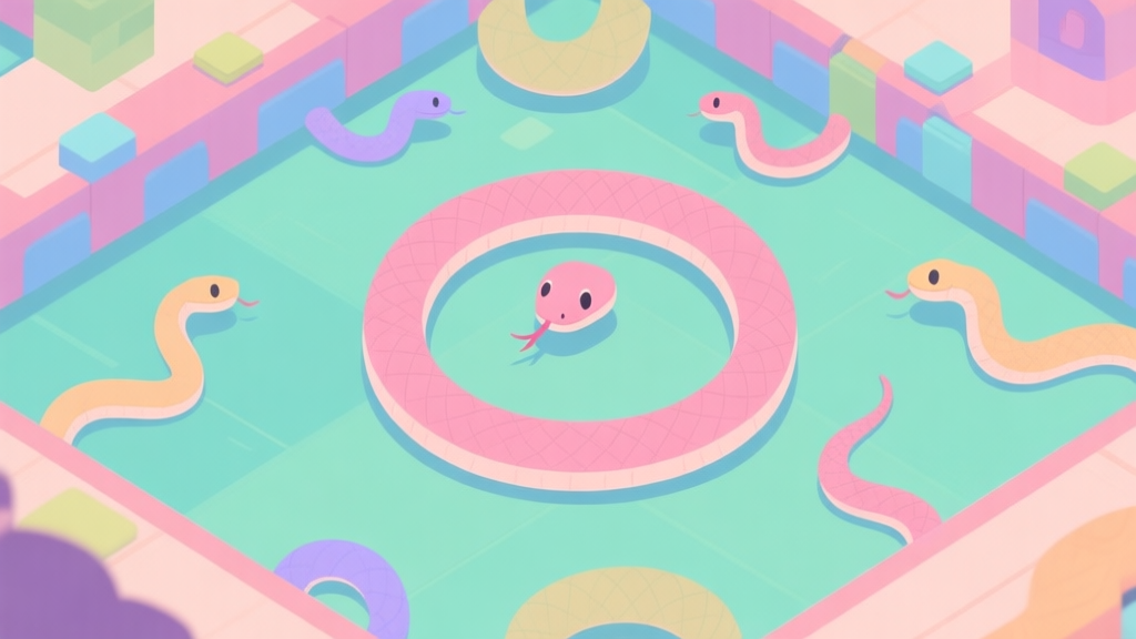 Top-down view of a colorful game arena with multiple snakes, one large snake encircling a smaller one, soft pastel colors, minimalist game art style high quality illustration, detailed, 16:9