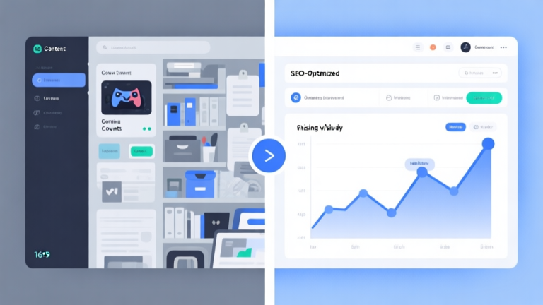 自动生成图片: A split-screen illustration showing a cluttered, poorly organized gaming content dashboard on one side (with low view counts) and a clean, well-structured SEO-optimized dashboard on the other (with rising trend lines and high visibility), using a soft color palette of blues and grays high quality illustration, detailed, 16:9