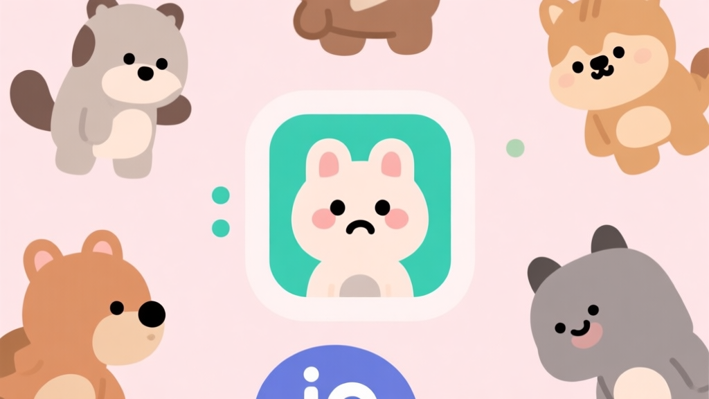 A playful, minimalist illustration of various cute animal avatars from .io games interacting, with one highlighted character looking confused and friendly, on a soft pastel background high quality illustration, detailed, 16:9
