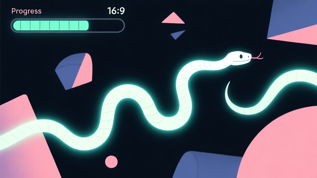 A minimalist illustration of a glowing snake trail weaving through abstract geometric shapes, with a progress bar and score counter in the background, soft neon colors on dark background high quality illustration, detailed, 16:9
