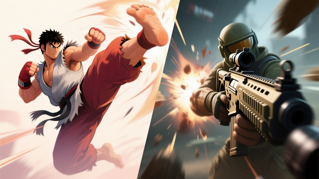 Side-by-side comparison of a character performing a powerful kick move in a fighting game and a tactical shooter, showing impact effects and knockback, soft color palette with emphasis on motion blur and action lines high quality illustration, detailed, 16:9