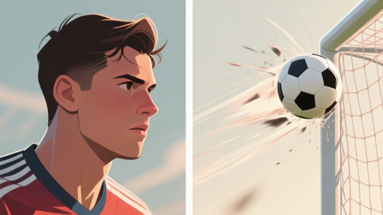 自动生成图片: A split-screen illustration showing a soccer player's focused expression on one side and a dynamic, slow-motion trajectory of a soccer ball hitting the top corner of a net on the other, soft lighting, muted sports-themed color palette high quality illustration, detailed, 16:9