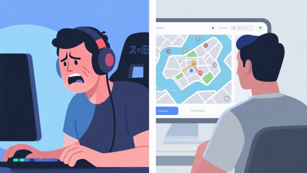 A split-screen image showing a frustrated gamer on one side and a composed, strategic player viewing a tactical map on the other, in a minimalist game UI style with soft blues and greys high quality illustration, detailed, 16:9