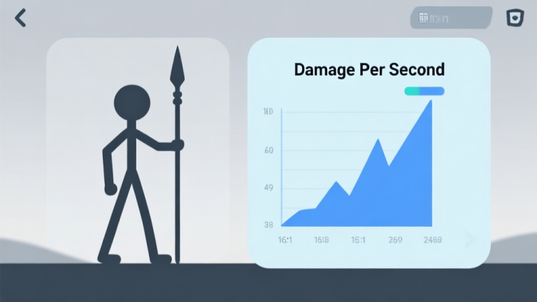 自动生成图片: A minimalist game UI screenshot showing a simple stickman figure with a spear on one side, and a bar graph showing a sudden spike in "Damage Per Second" on the other, using a soft blue and grey color scheme, flat design high quality illustration, detailed, 16:9